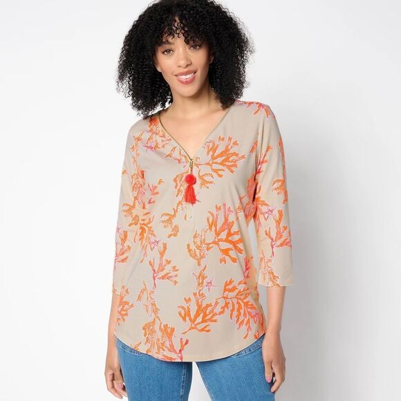 Belle by Kim Gravel Primabelle Knit Ciao Bella! Tassel Zip Top Size Large Coral - Picture 7 of 8